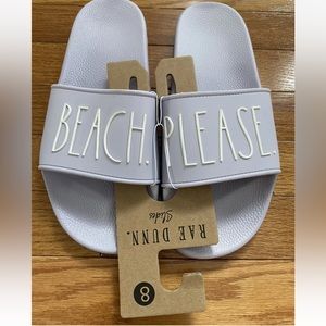 Rae Dunn “BEACH PLEASE” Women’s Size 8 Slides Sandals Lilac and Ivory NWT